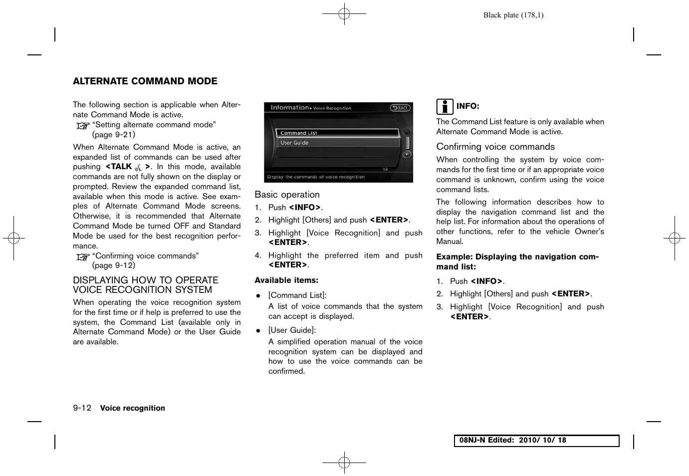 Alternate command mode, Displaying how to operate voice recognition system, Basic operation | Confirming voice commands, Alternate command mode -12 | NISSAN 2011 Maxima User Manual | Page 177 / 233