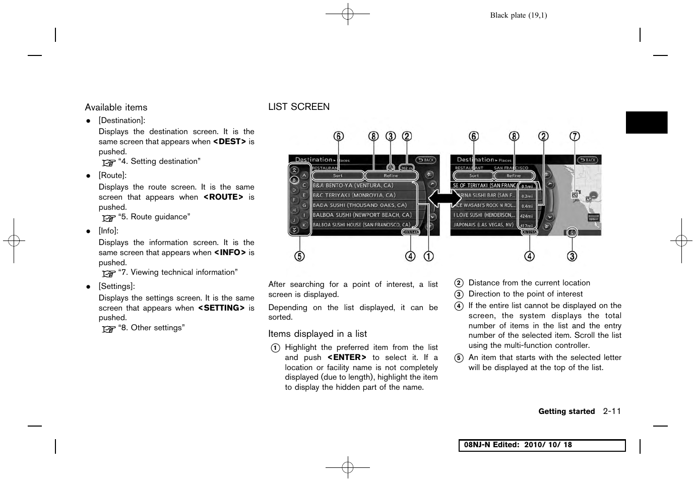 Available items, List screen, Items displayed in a list | List screen -11 | NISSAN 2011 Maxima User Manual | Page 18 / 233