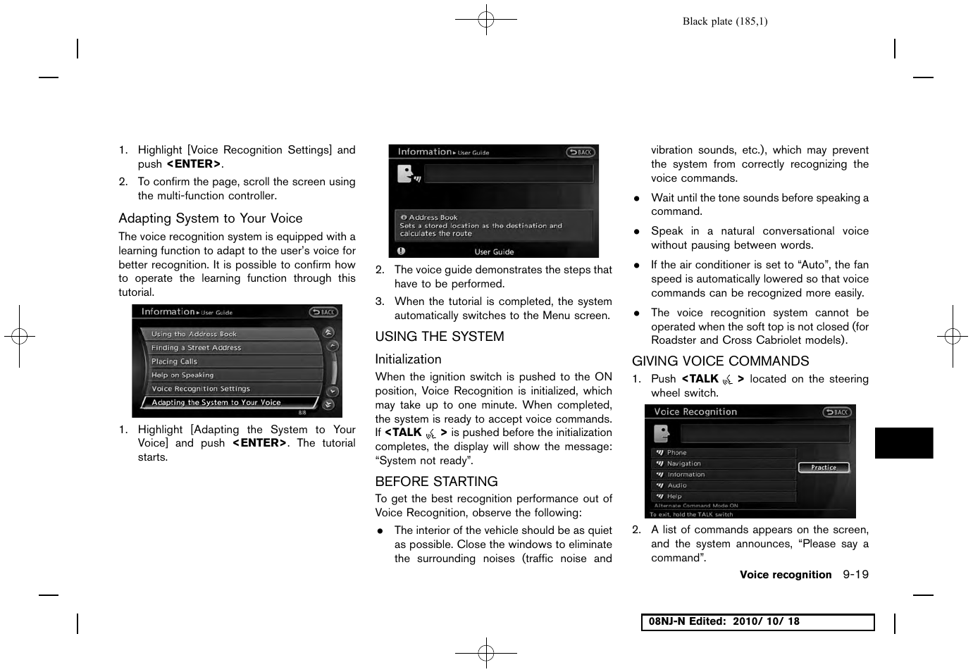 Adapting system to your voice, Using the system, Initialization | Before starting, Giving voice commands | NISSAN 2011 Maxima User Manual | Page 184 / 233