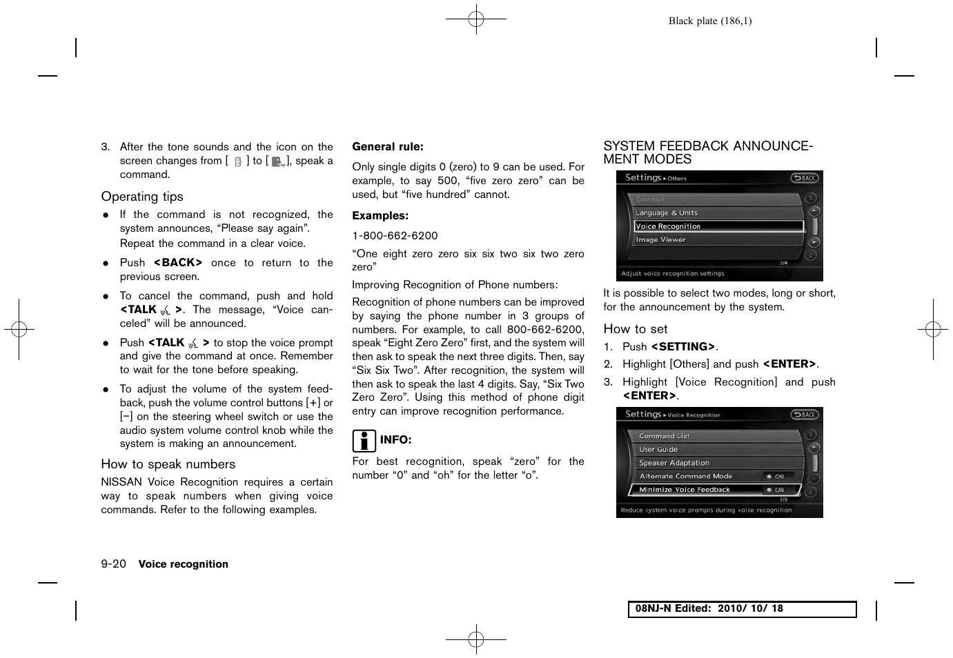 Operating tips, How to speak numbers, System feedback announcement modes | How to set, System feedback announcement modes -20 | NISSAN 2011 Maxima User Manual | Page 185 / 233