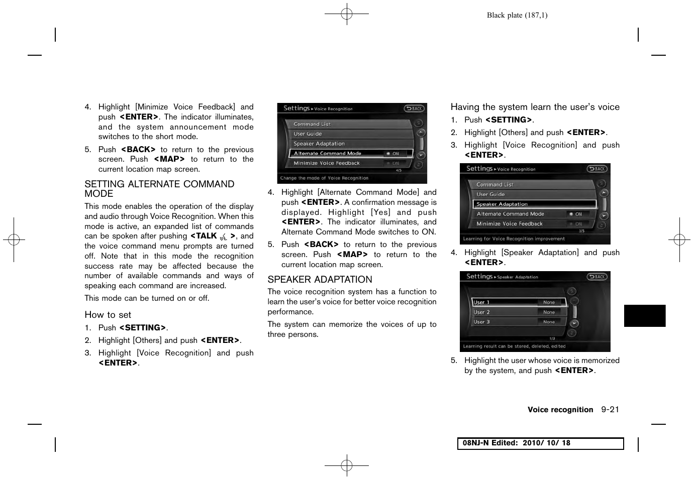 Setting alternate command mode, How to set, Speaker adaptation | Having the system learn the user’s voice | NISSAN 2011 Maxima User Manual | Page 186 / 233