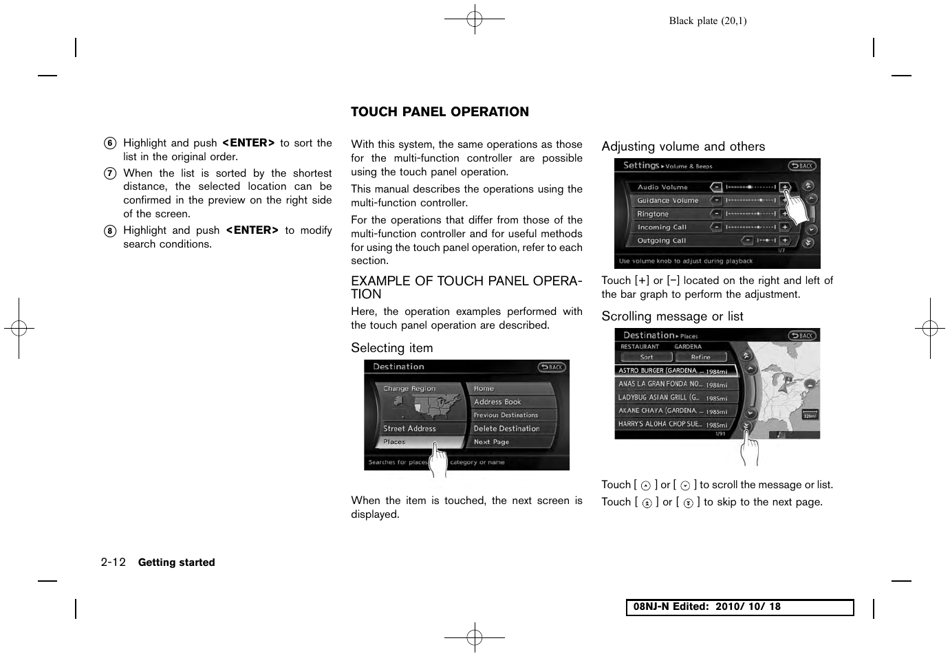 Touch panel operation, Example of touch panel operation, Selecting item | Adjusting volume and others, Scrolling message or list, Touch panel operation -12, Example of touch panel operation -12 | NISSAN 2011 Maxima User Manual | Page 19 / 233