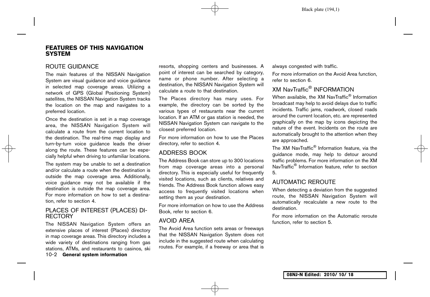 Features of this navigation system, Route guidance, Places of interest (places) directory | Address book, Avoid area, Xm navtraffic® information, Automatic reroute, Features of this navigation system -2, Information -2, Automatic reroute -2 | NISSAN 2011 Maxima User Manual | Page 193 / 233