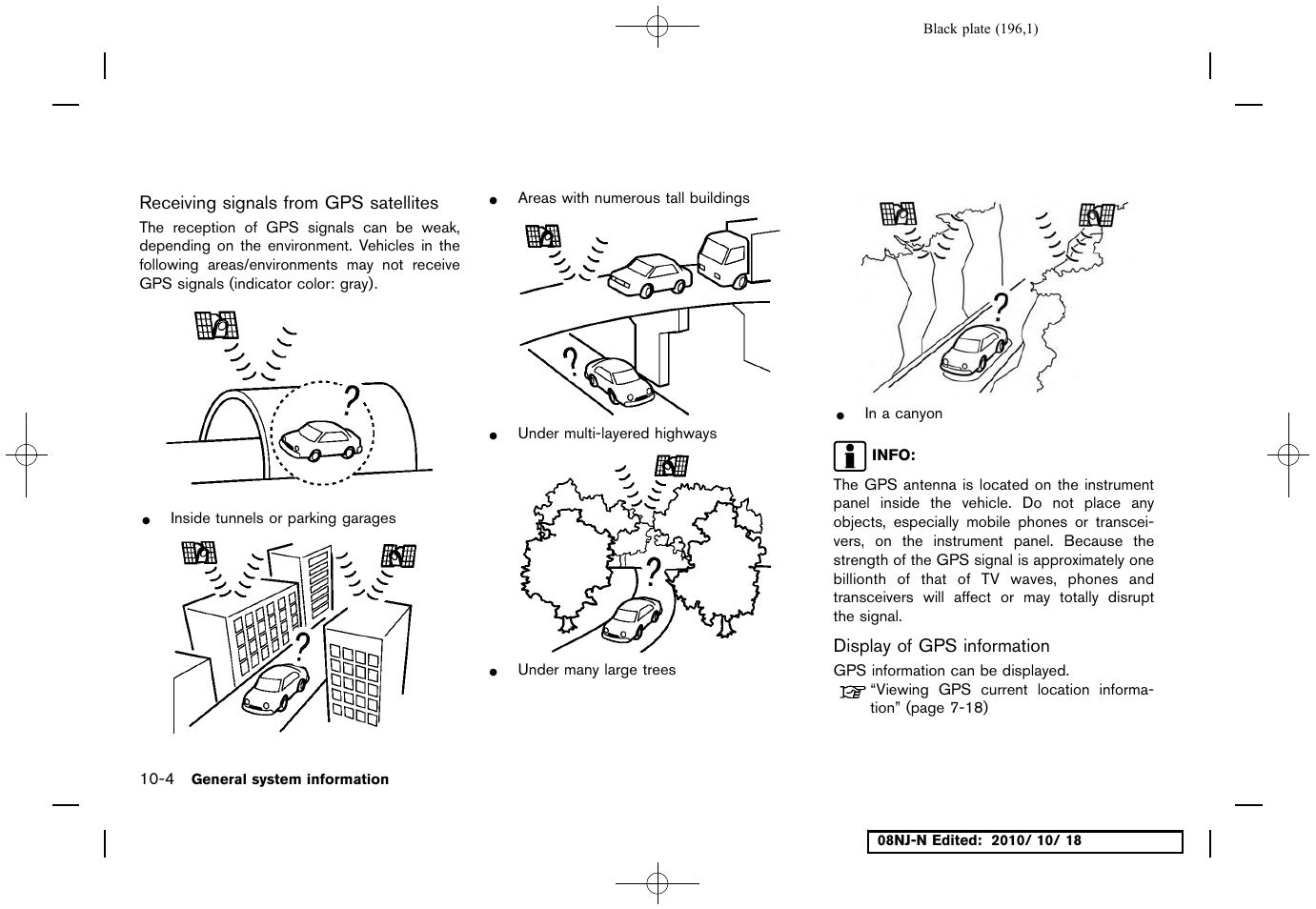 Receiving signals from gps satellites, Display of gps information | NISSAN 2011 Maxima User Manual | Page 195 / 233