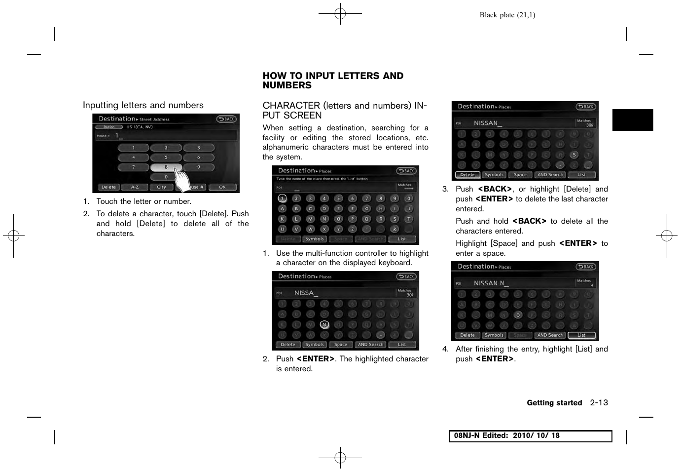 Inputting letters and numbers, How to input letters and numbers, Character (letters and numbers) input screen | How to input letters and numbers -13, Character (letters and numbers) input screen -13 | NISSAN 2011 Maxima User Manual | Page 20 / 233