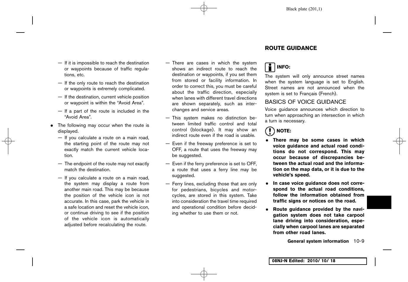 Route guidance, Basics of voice guidance, Route guidance -9 | Basics of voice guidance -9 | NISSAN 2011 Maxima User Manual | Page 200 / 233