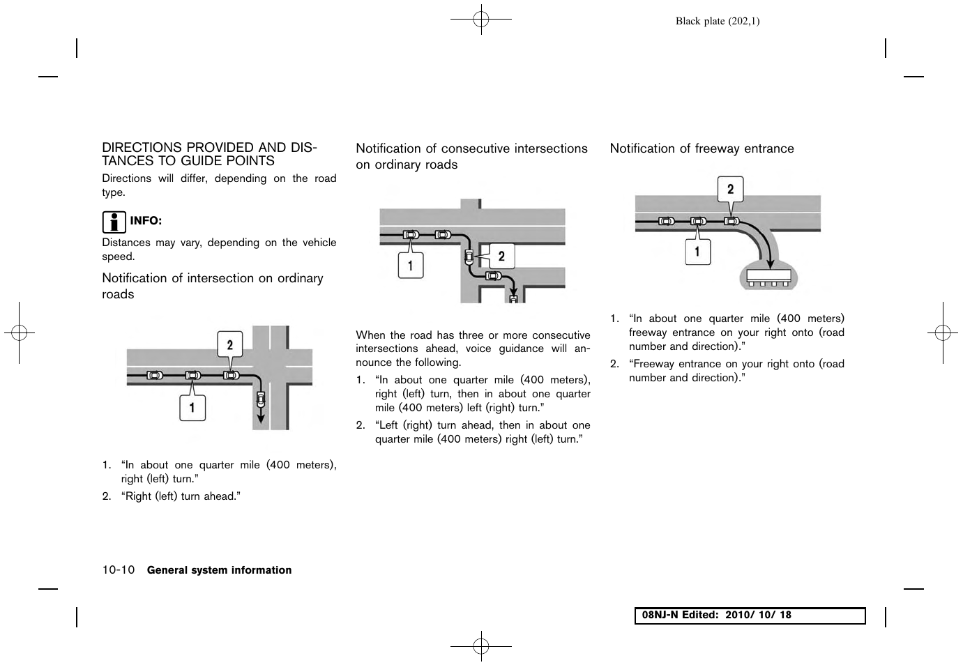 Directions provided and distances to guide points, Notification of intersection on ordinary roads, Notification of freeway entrance | NISSAN 2011 Maxima User Manual | Page 201 / 233