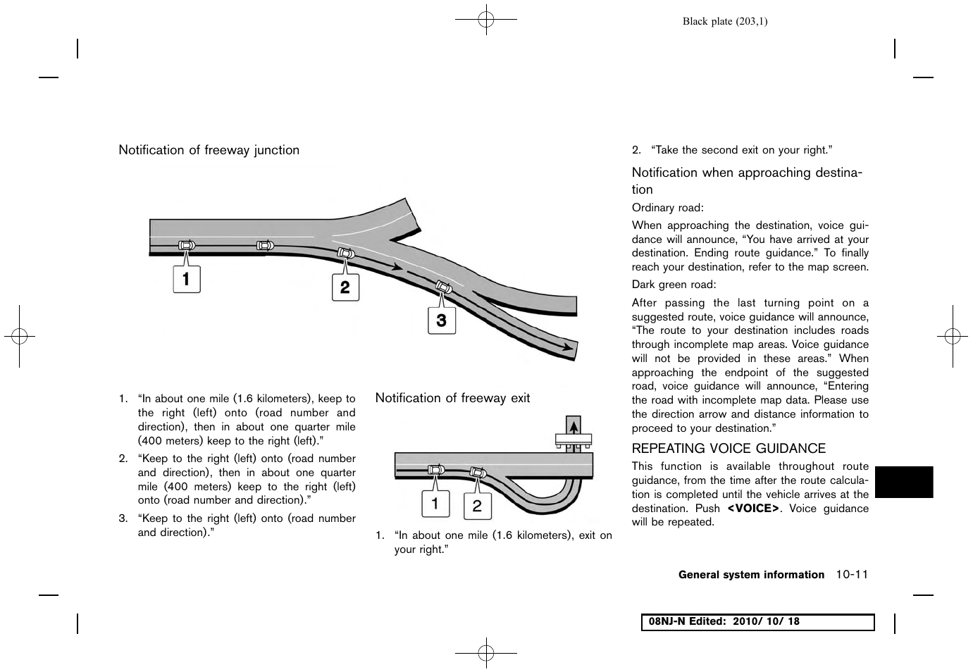 Notification of freeway junction, Notification of freeway exit, Notification when approaching destination | Repeating voice guidance, Repeating voice guidance -11 | NISSAN 2011 Maxima User Manual | Page 202 / 233