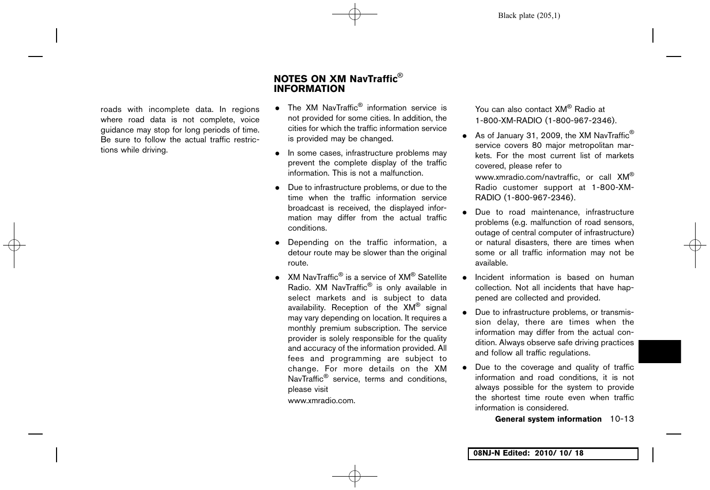 Notes on xm navtraffic® information, Notes on xm navtraffic, Information -13 | NISSAN 2011 Maxima User Manual | Page 204 / 233