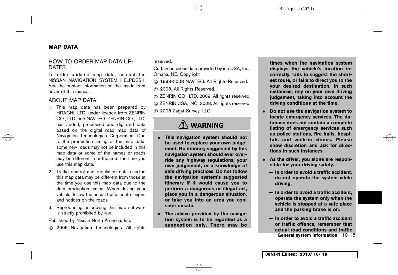 Map data, How to order map data updates, About map data | Map data -15, Warning | NISSAN 2011 Maxima User Manual | Page 206 / 233