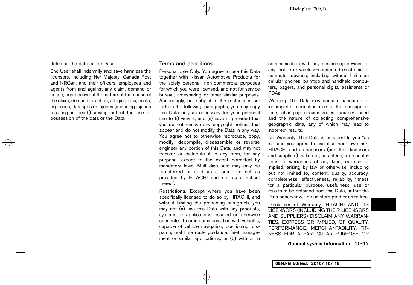 Terms and conditions | NISSAN 2011 Maxima User Manual | Page 208 / 233