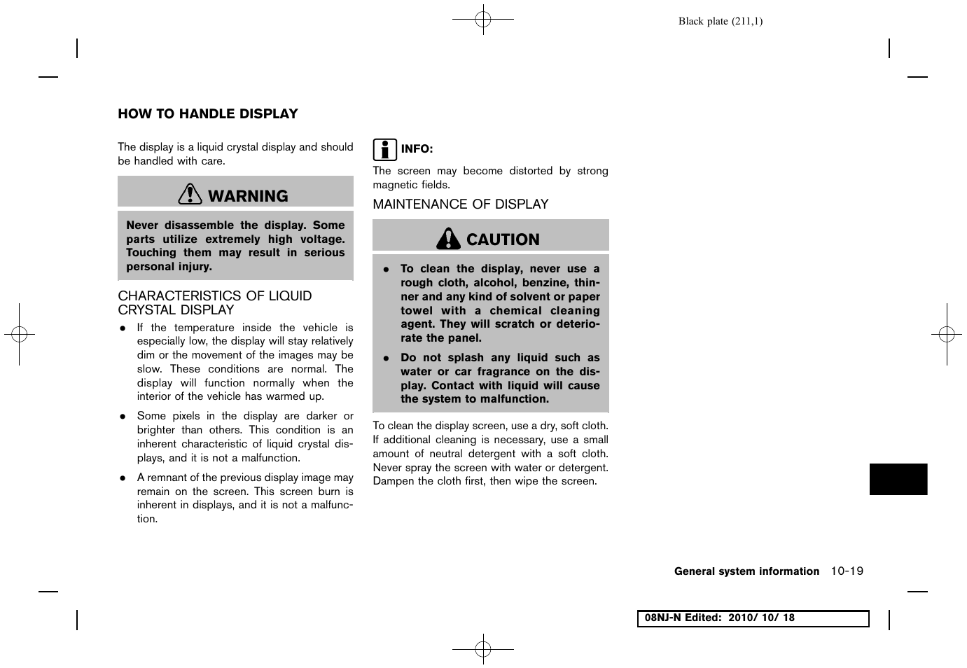 How to handle display, Characteristics of liquid crystal display, Maintenance of display | How to handle display -19, Warning, Caution | NISSAN 2011 Maxima User Manual | Page 210 / 233