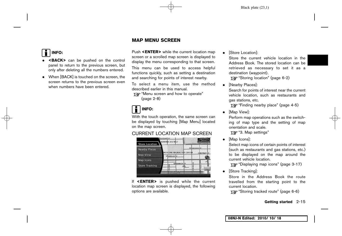 Map menu screen, Current location map screen, Map menu screen -15 | Current location map screen -15 | NISSAN 2011 Maxima User Manual | Page 22 / 233