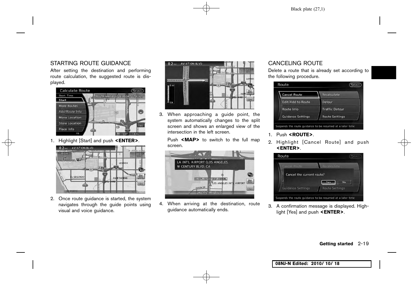 Starting route guidance, Canceling route, Starting route guidance -19 canceling route -19 | NISSAN 2011 Maxima User Manual | Page 26 / 233