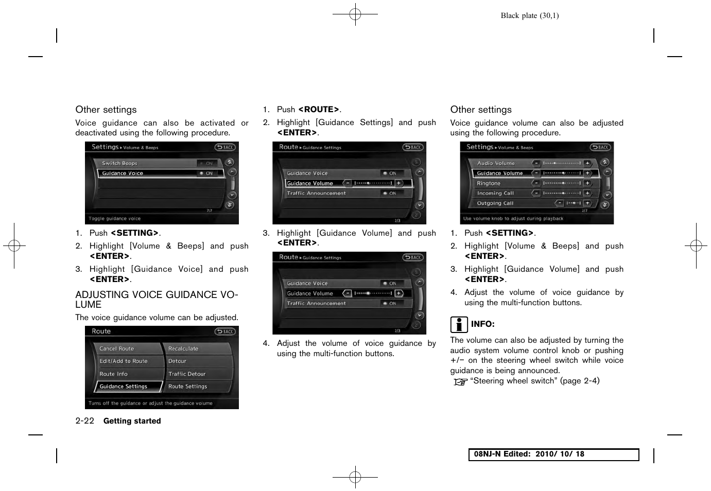 Other settings, Adjusting voice guidance volume, Adjusting voice guidance volume -22 | NISSAN 2011 Maxima User Manual | Page 29 / 233