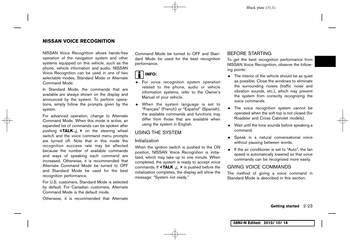 Nissan voice recognition, Using the system, Initialization | Before starting, Giving voice commands, Nissan voice recognition -23 | NISSAN 2011 Maxima User Manual | Page 30 / 233