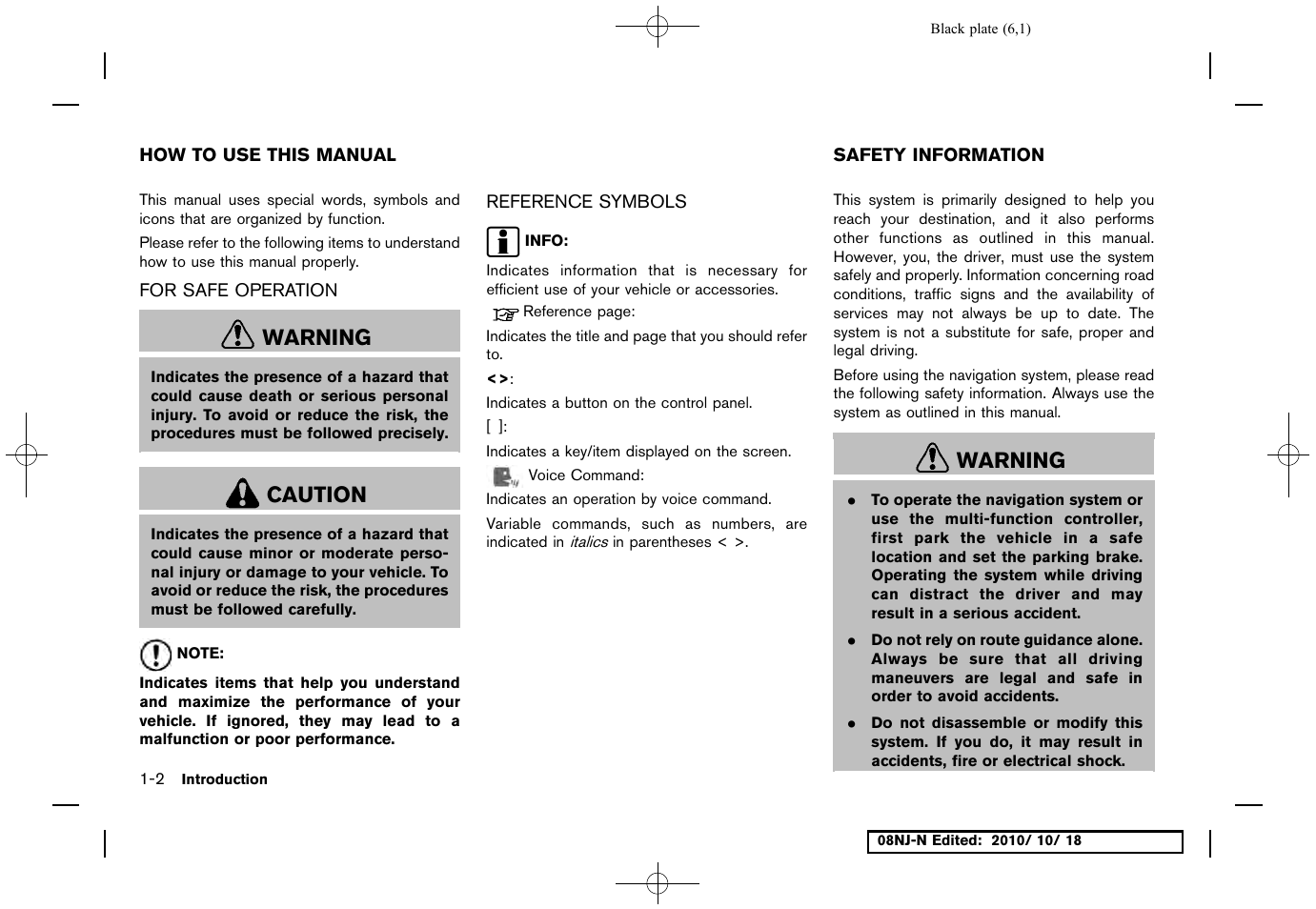 How to use this manual, For safe operation, Reference symbols | Safety information, How to use this manual -2, For safe operation -2 reference symbols -2, Warning, Caution | NISSAN 2011 Maxima User Manual | Page 5 / 233