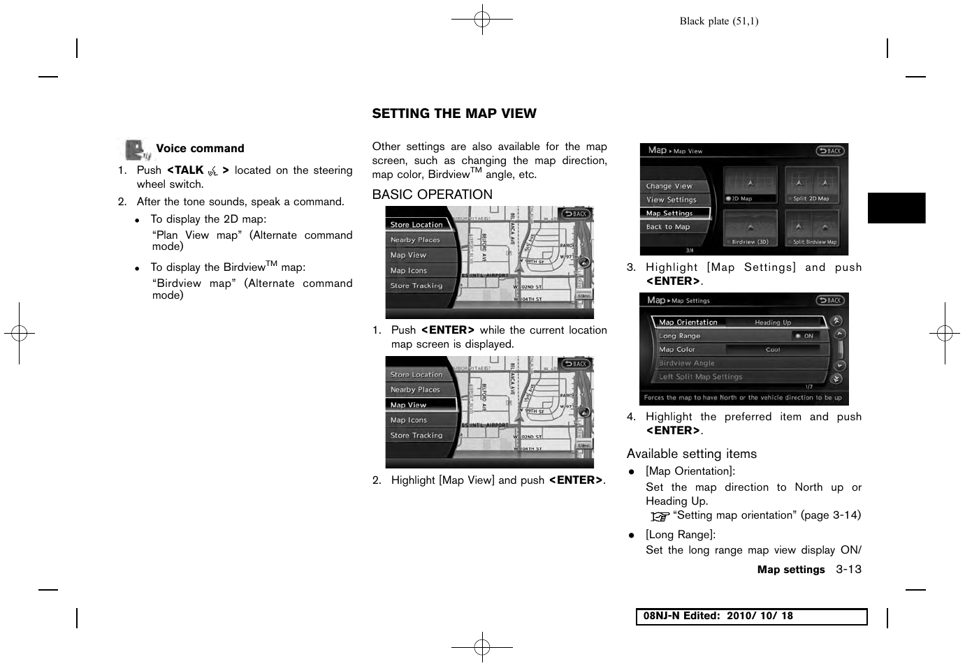 Setting the map view, Basic operation, Available setting items | Setting the map view -13, Basic operation -13 | NISSAN 2011 Maxima User Manual | Page 50 / 233