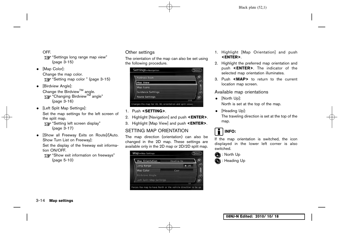 Other settings, Setting map orientation, Available map orientations | Setting map orientation -14 | NISSAN 2011 Maxima User Manual | Page 51 / 233