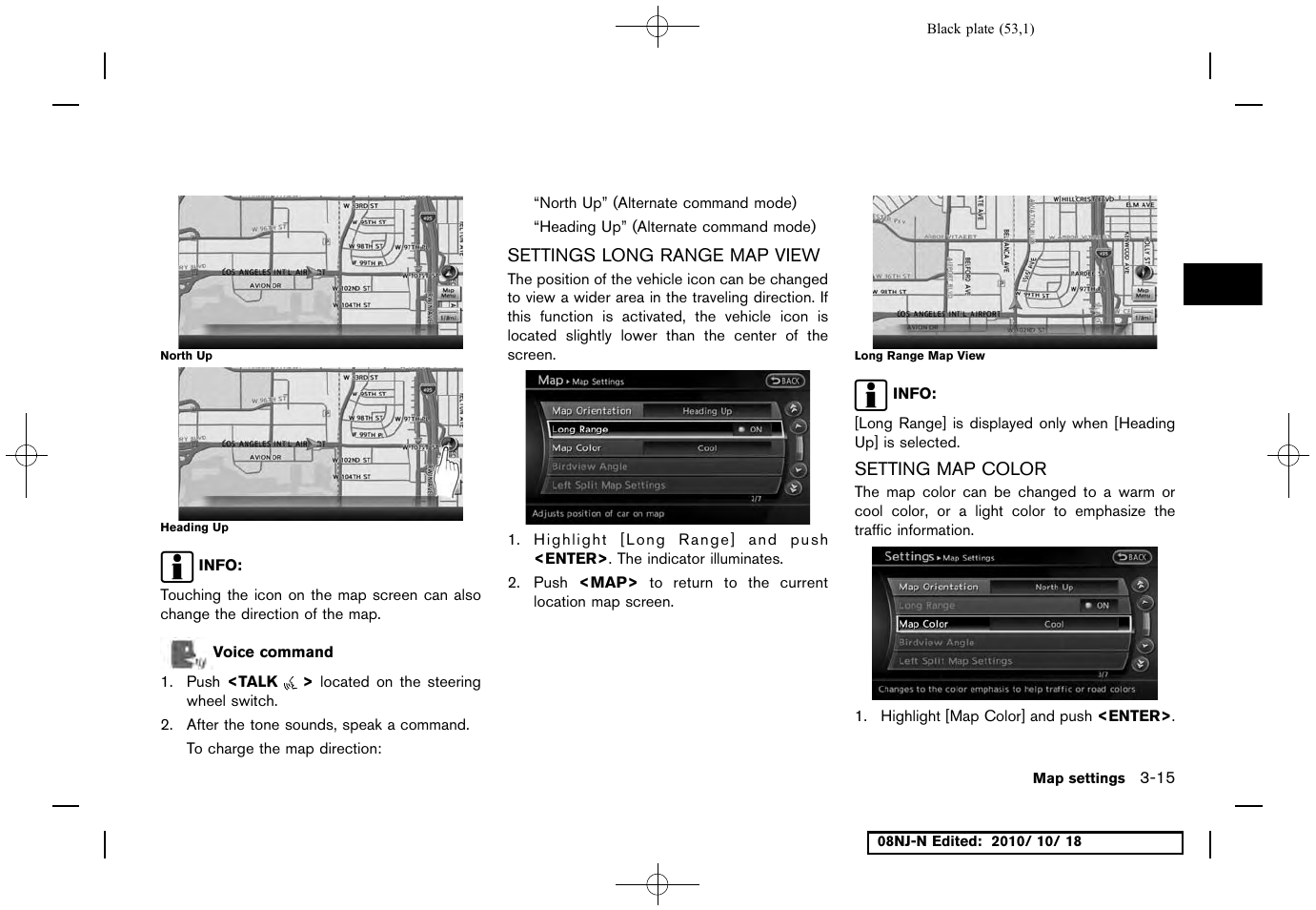 Settings long range map view, Setting map color | NISSAN 2011 Maxima User Manual | Page 52 / 233