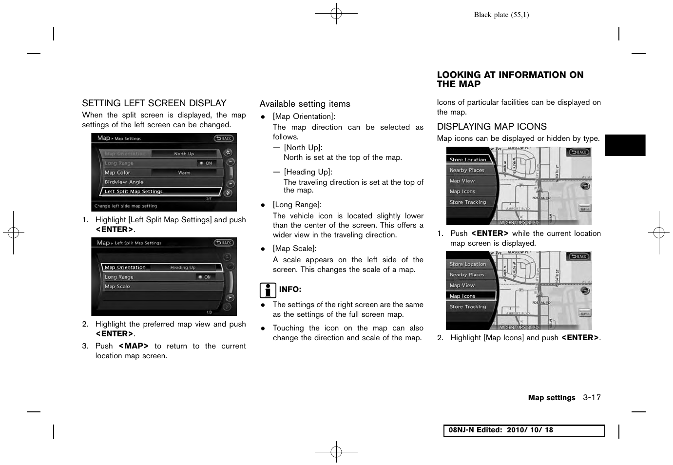 Setting left screen display, Available setting items, Looking at information on the map | Displaying map icons, Setting left screen display -17, Looking at information on the map -17, Displaying map icons -17 | NISSAN 2011 Maxima User Manual | Page 54 / 233