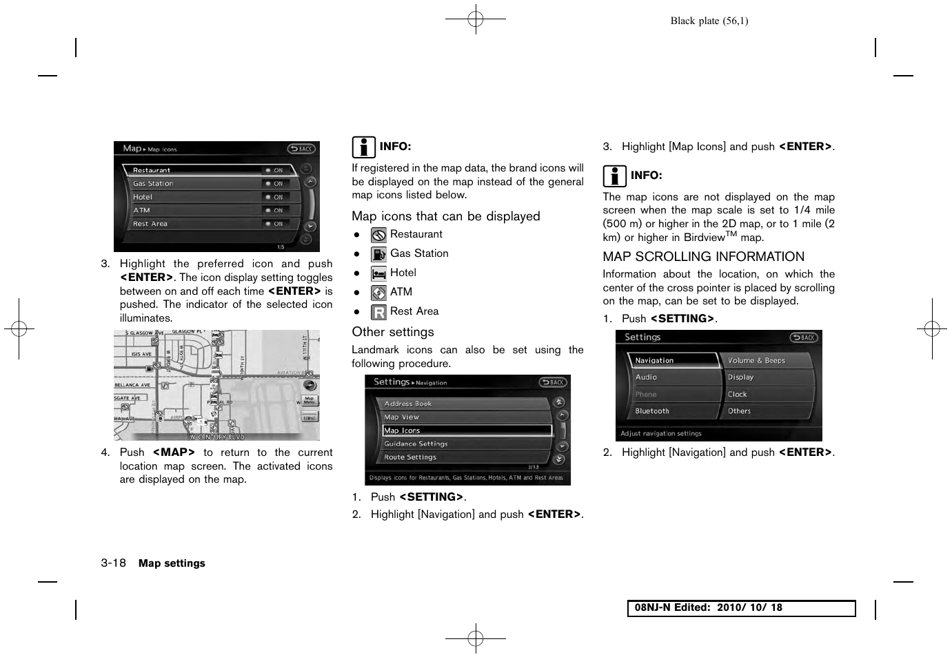 Map icons that can be displayed, Other settings, Map scrolling information | Map scrolling information -18 | NISSAN 2011 Maxima User Manual | Page 55 / 233