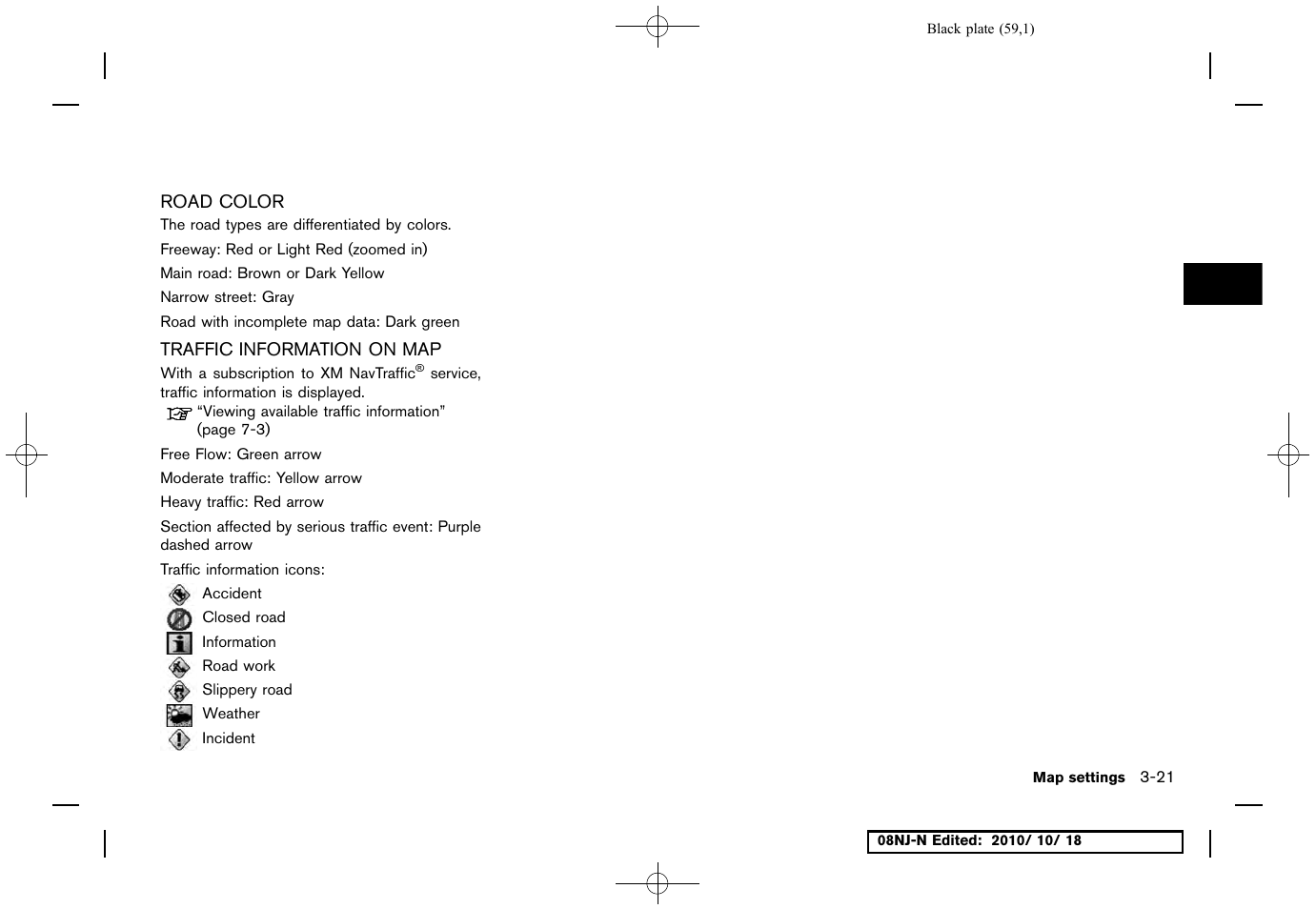 Road color, Traffic information on map, Road color -21 traffic information on map -21 | NISSAN 2011 Maxima User Manual | Page 58 / 233