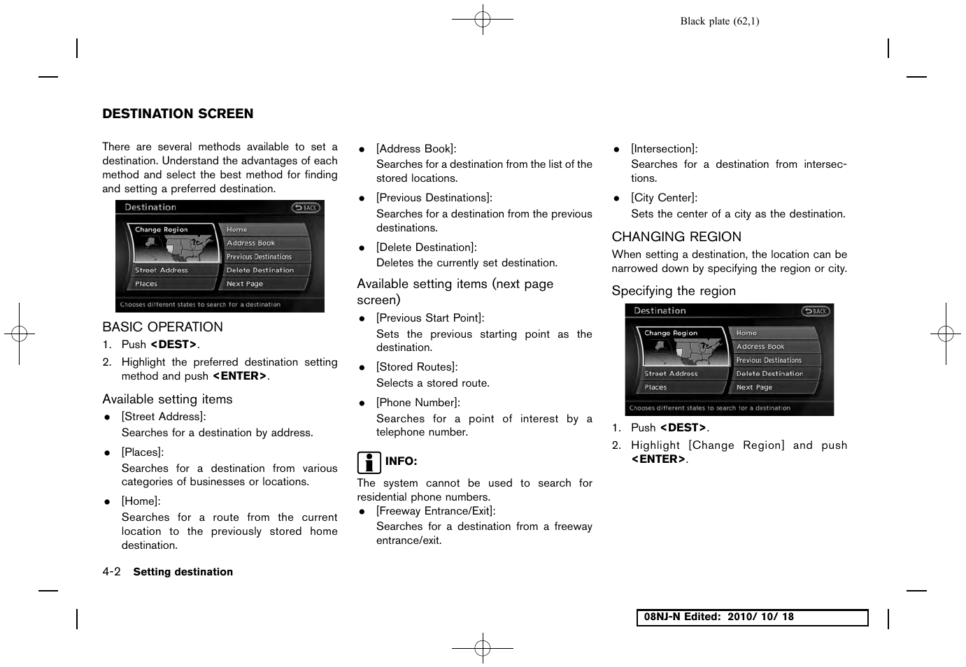 Destination screen, Basic operation, Available setting items | Changing region, Specifying the region, Destination screen -2, Basic operation -2 changing region -2 | NISSAN 2011 Maxima User Manual | Page 61 / 233