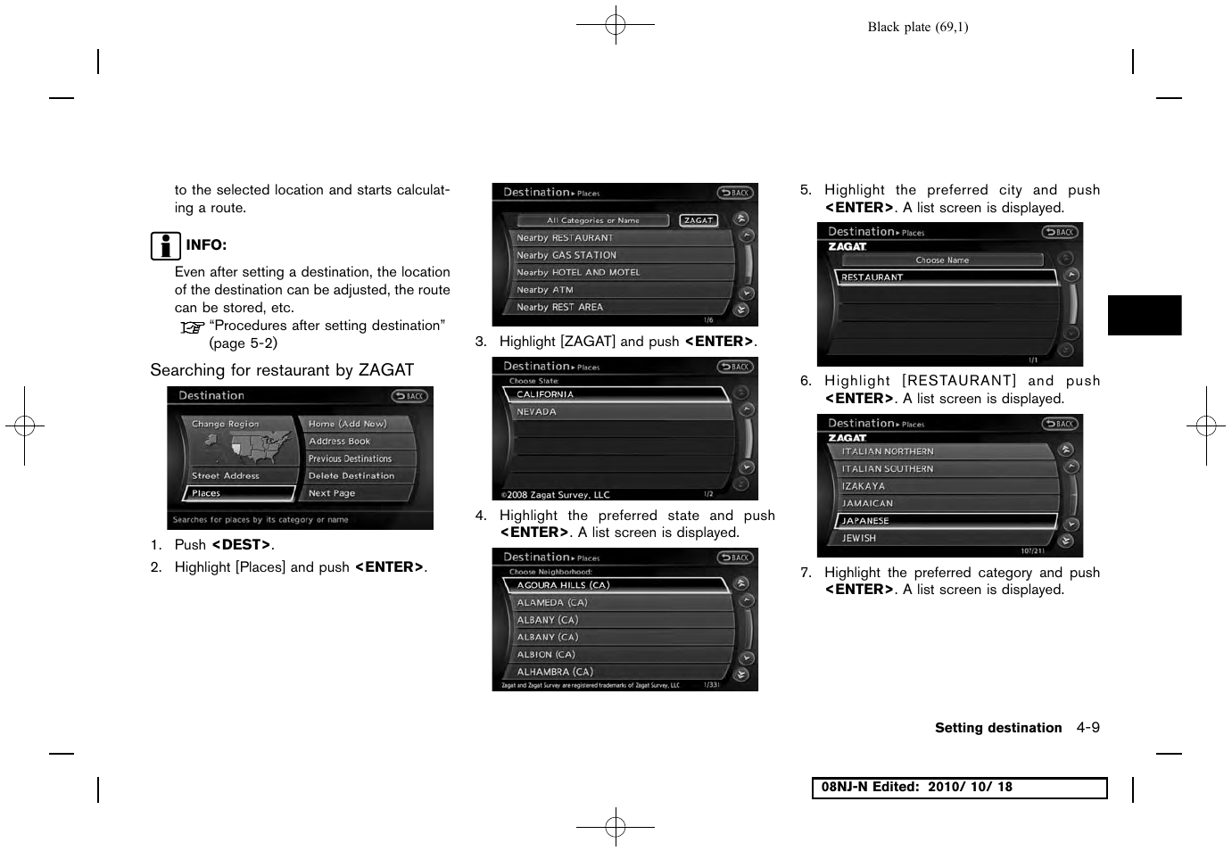 Searching for restaurant by zagat | NISSAN 2011 Maxima User Manual | Page 68 / 233