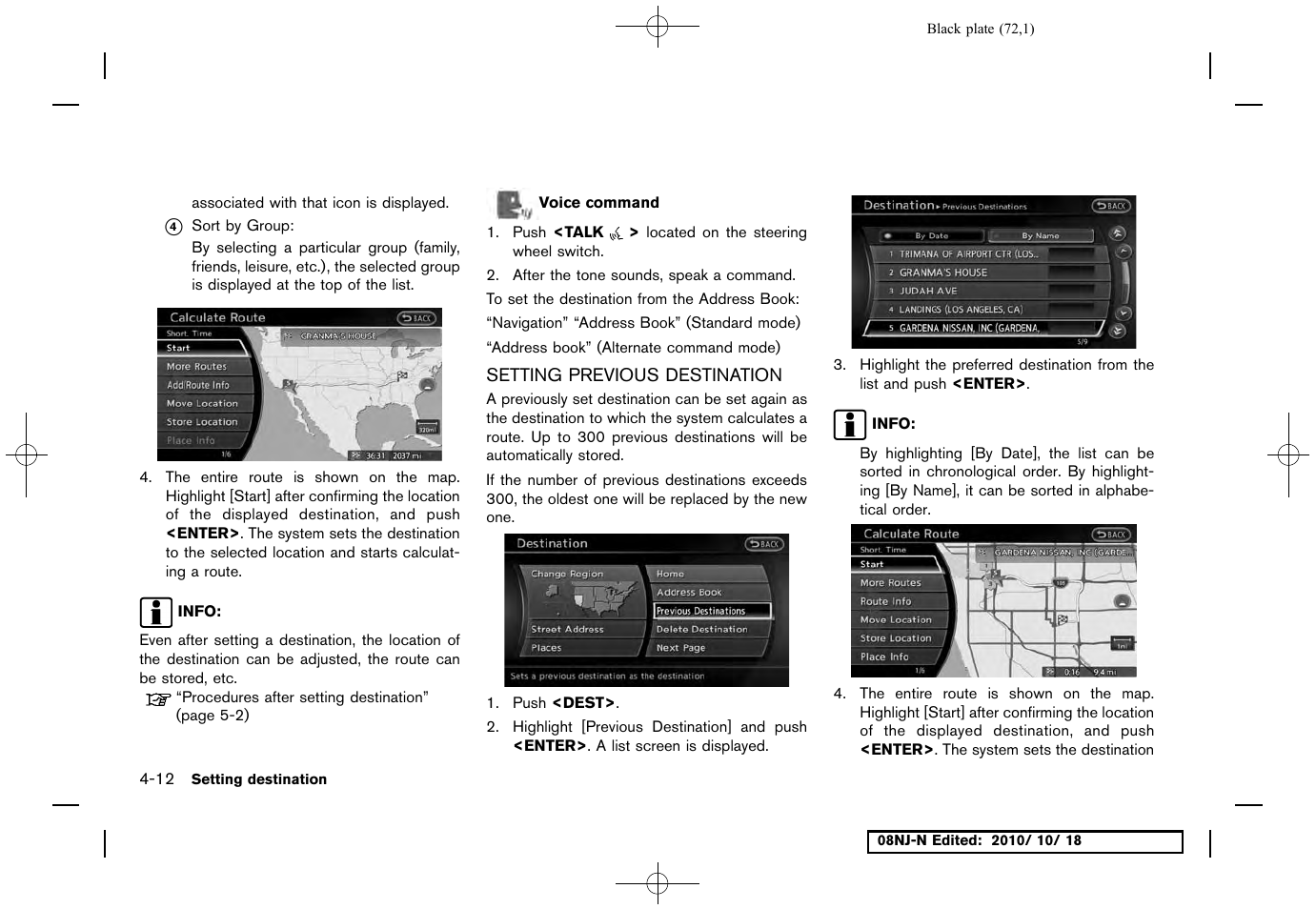 Setting previous destination, Setting previous destination -12 | NISSAN 2011 Maxima User Manual | Page 71 / 233