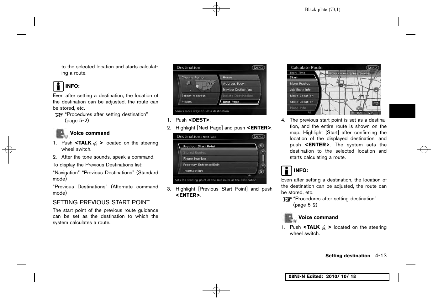 Setting previous start point, Setting previous start point -13 | NISSAN 2011 Maxima User Manual | Page 72 / 233