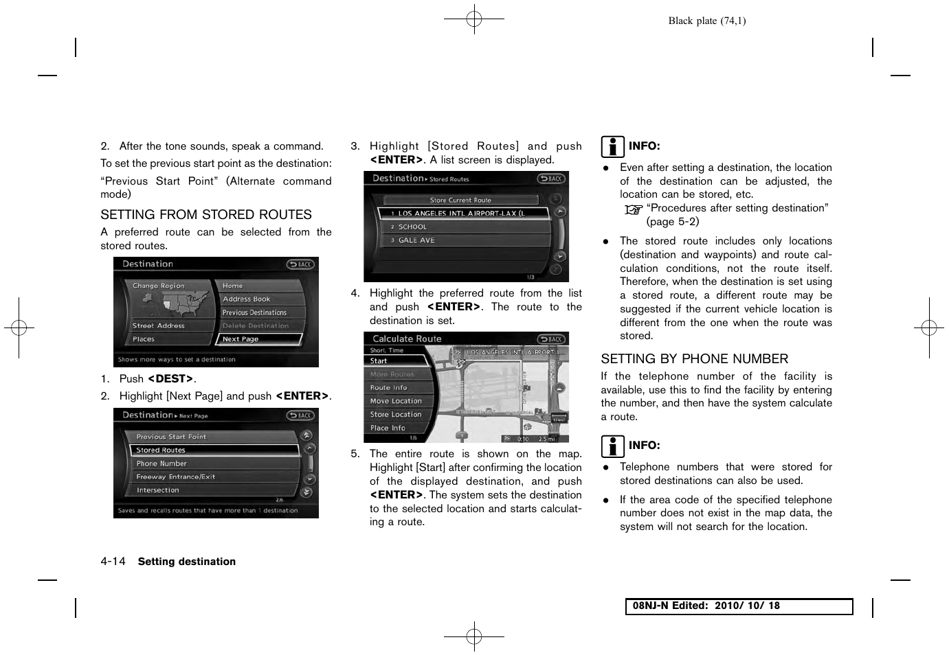 Setting from stored routes, Setting by phone number | NISSAN 2011 Maxima User Manual | Page 73 / 233