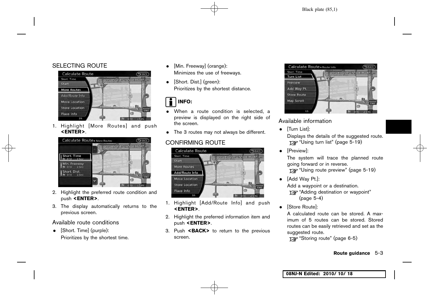 Selecting route, Available route conditions, Confirming route | Available information, Selecting route -3 confirming route -3 | NISSAN 2011 Maxima User Manual | Page 84 / 233