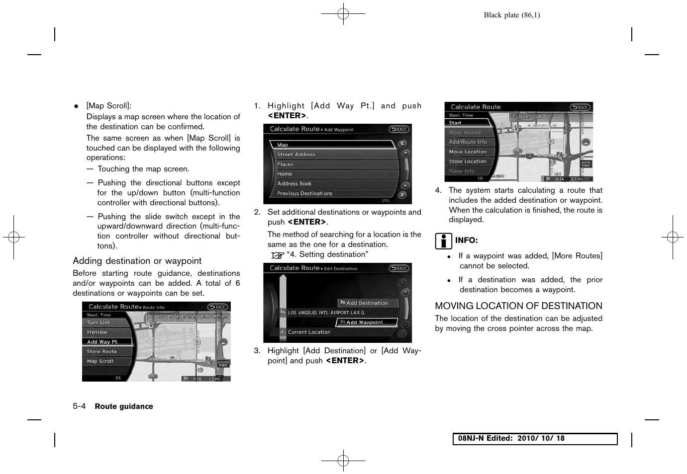 Adding destination or waypoint, Moving location of destination, Moving location of destination -4 | NISSAN 2011 Maxima User Manual | Page 85 / 233
