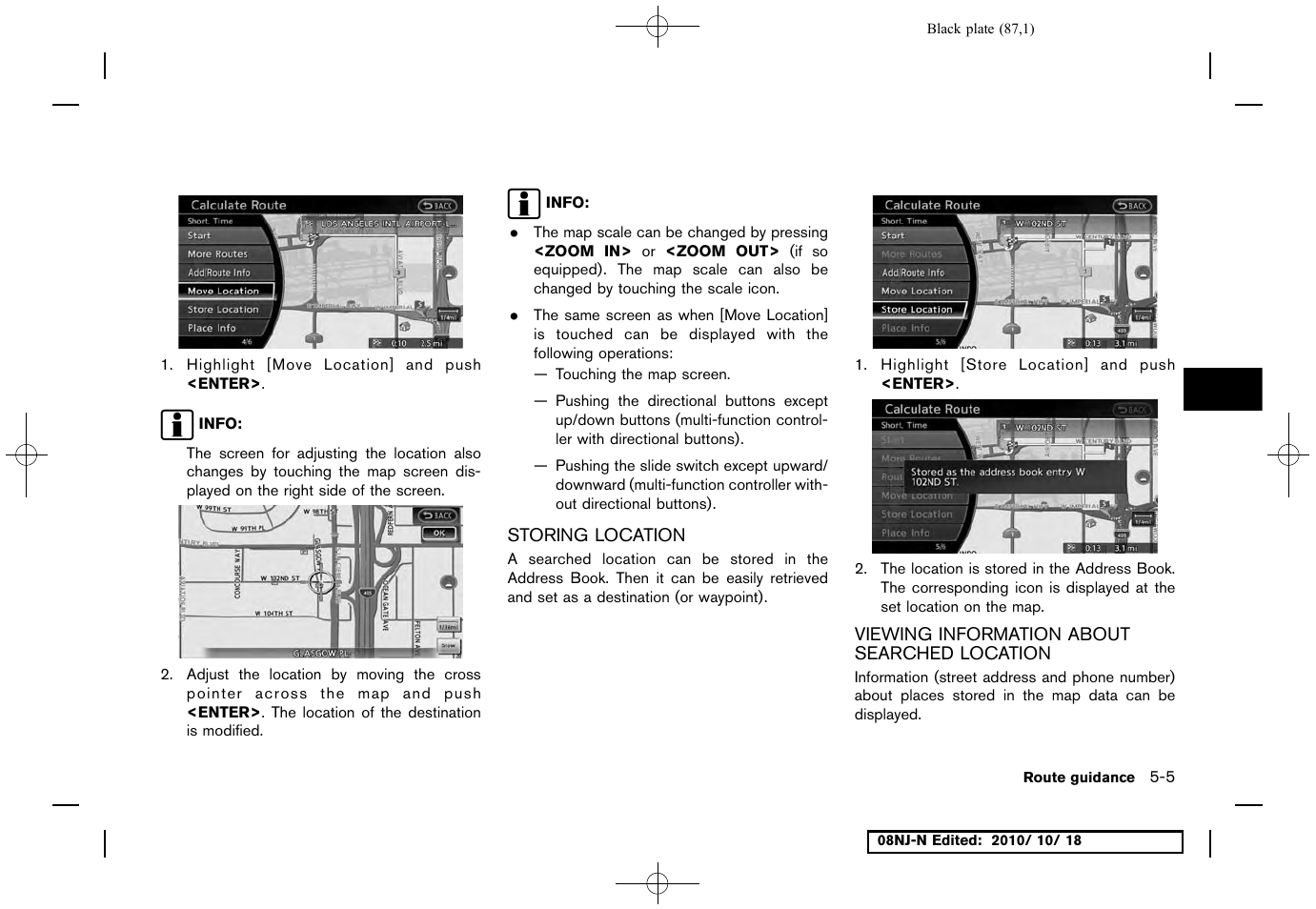 Storing location, Viewing information about searched location | NISSAN 2011 Maxima User Manual | Page 86 / 233