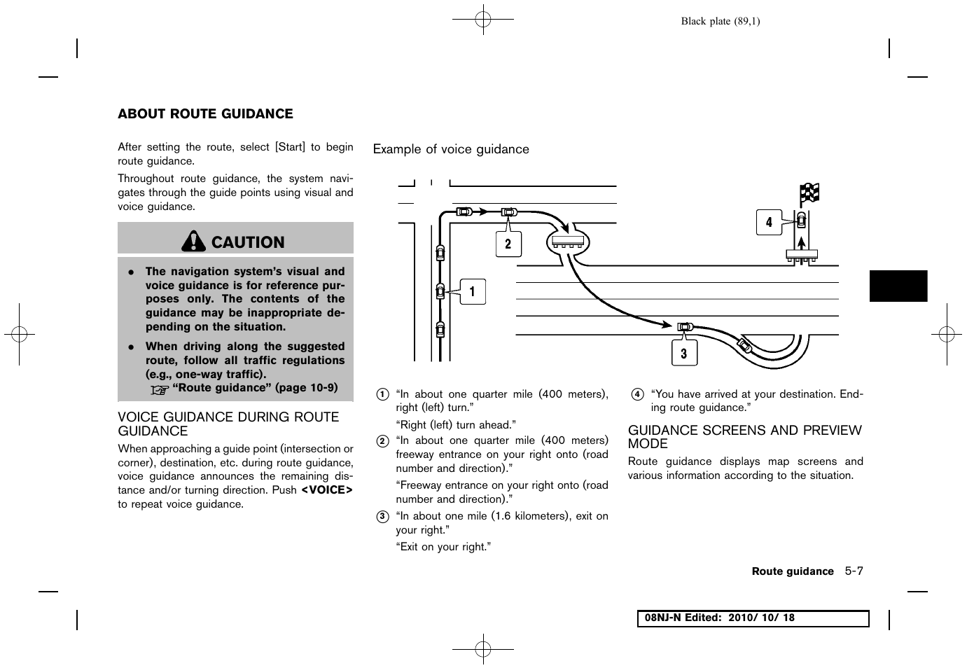 About route guidance, Voice guidance during route guidance, Example of voice guidance | Guidance screens and preview mode, About route guidance -7, Caution | NISSAN 2011 Maxima User Manual | Page 88 / 233