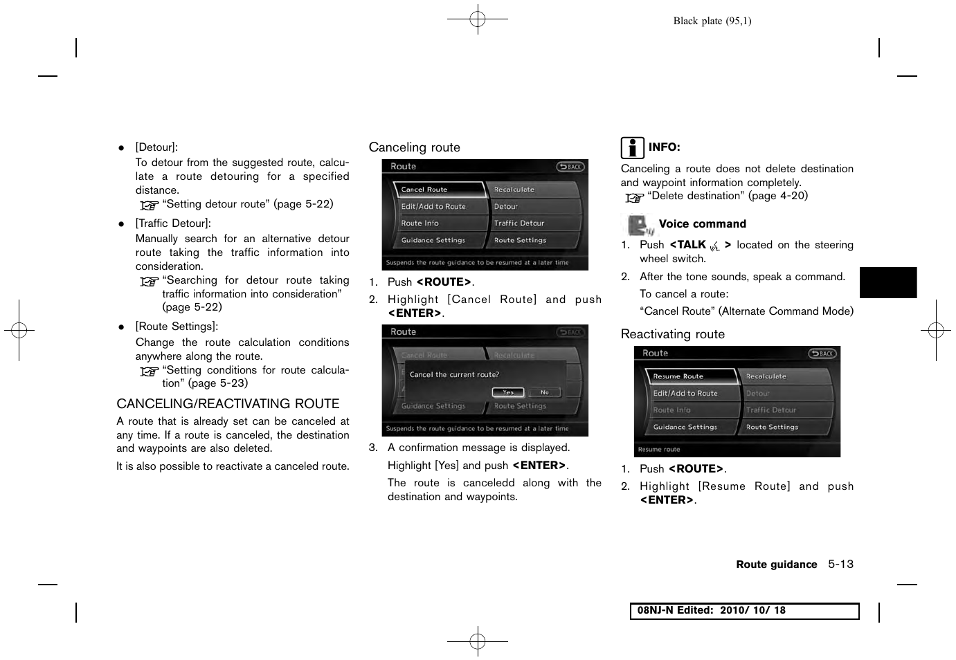 Canceling/reactivating route, Canceling route, Reactivating route | Canceling/reactivating route -13 | NISSAN 2011 Maxima User Manual | Page 94 / 233