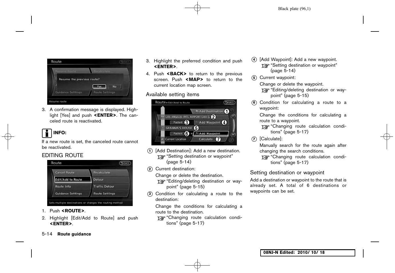 Editing route, Available setting items, Setting destination or waypoint | Editing route -14 | NISSAN 2011 Maxima User Manual | Page 95 / 233