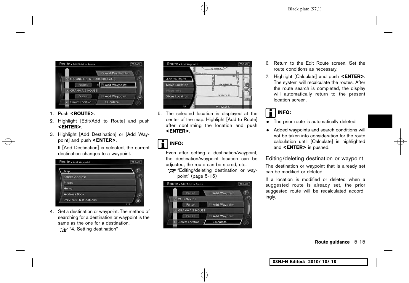 Editing/deleting destination or waypoint | NISSAN 2011 Maxima User Manual | Page 96 / 233