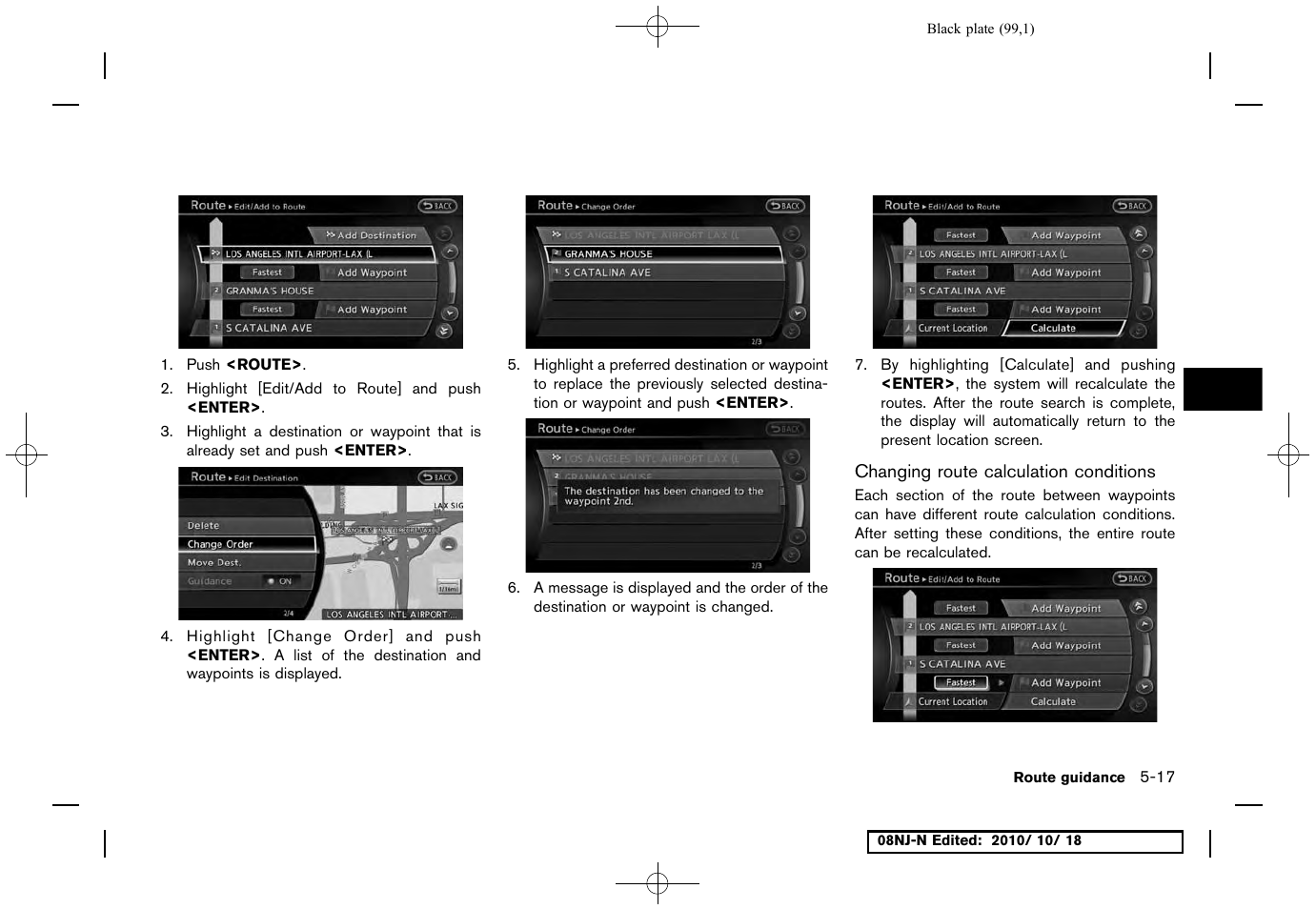 Changing route calculation conditions | NISSAN 2011 Maxima User Manual | Page 98 / 233