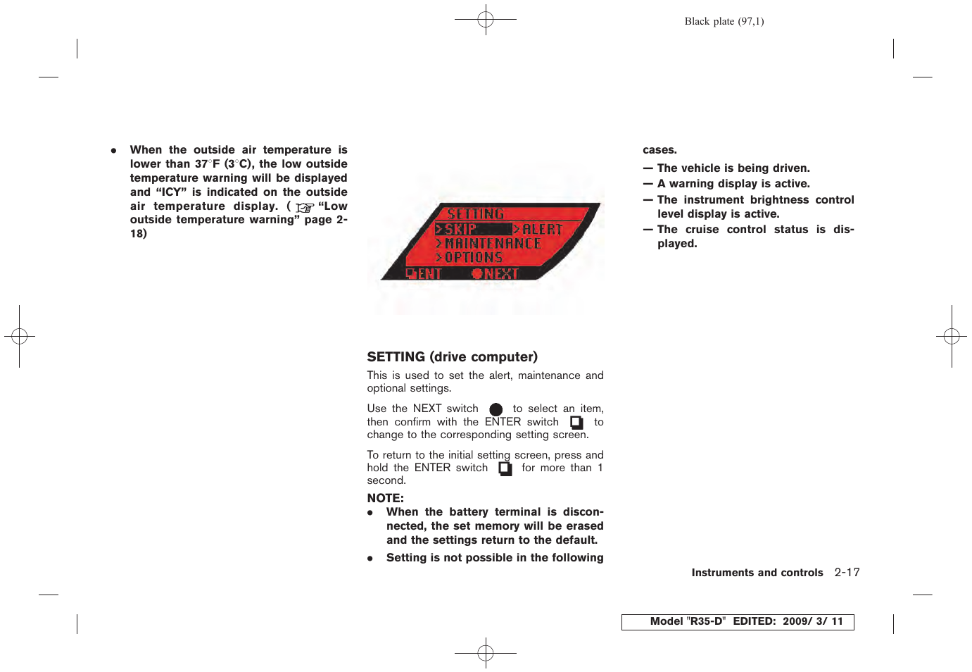 Setting (drive computer) -17 | NISSAN 2010 GT-R Sports Sedan User Manual | Page 100 / 314