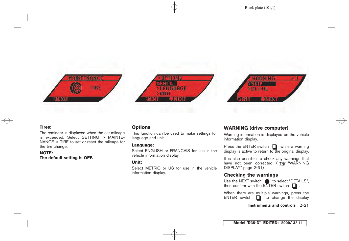 Warning (drive computer) -21 | NISSAN 2010 GT-R Sports Sedan User Manual | Page 104 / 314