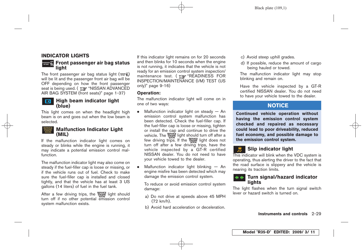 Indicator lights -29 | NISSAN 2010 GT-R Sports Sedan User Manual | Page 112 / 314