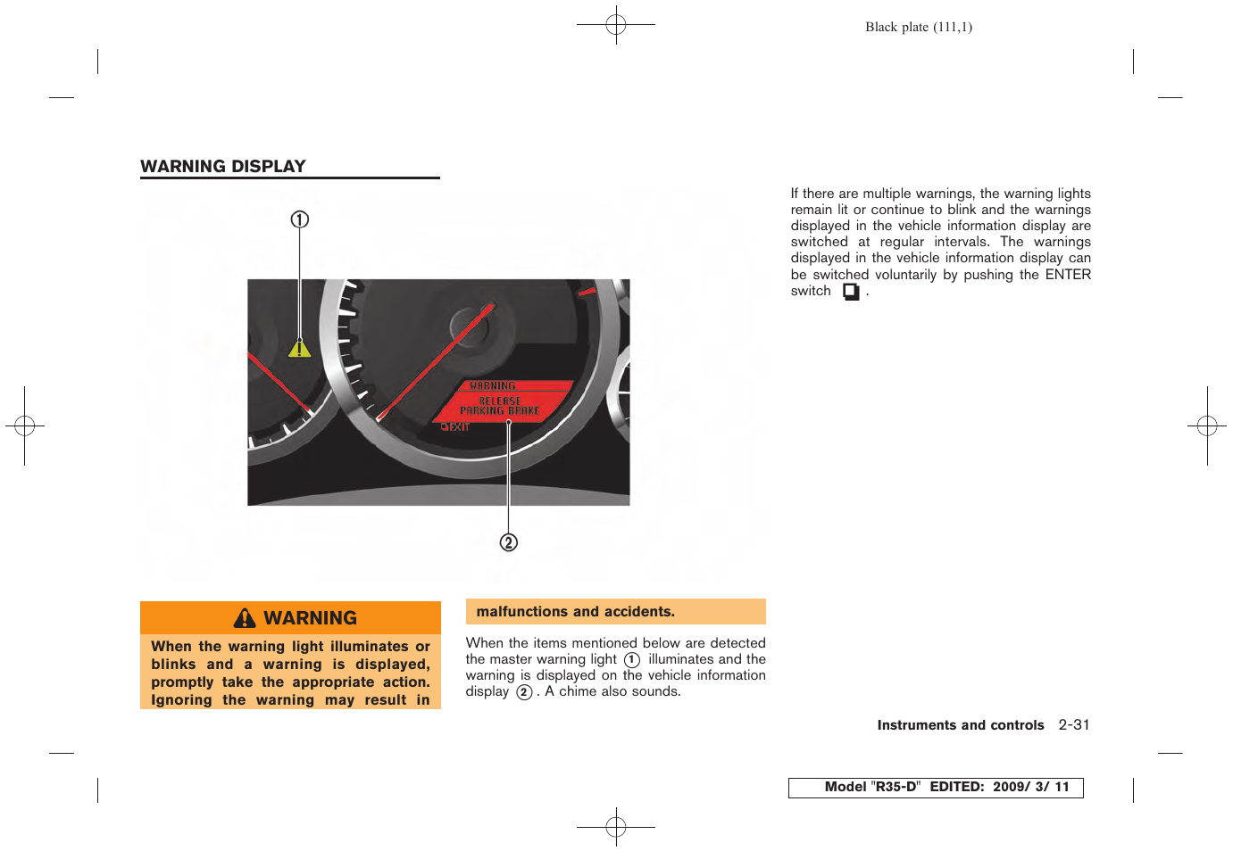 Warning display -31 | NISSAN 2010 GT-R Sports Sedan User Manual | Page 114 / 314