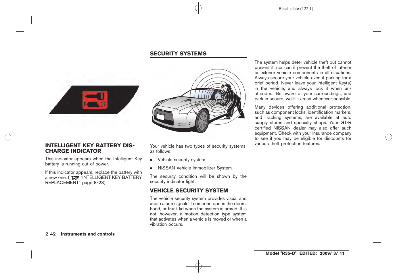 Intelligent key battery discharge indicator -42, Security systems -42, Vehicle security system -42 | NISSAN 2010 GT-R Sports Sedan User Manual | Page 125 / 314