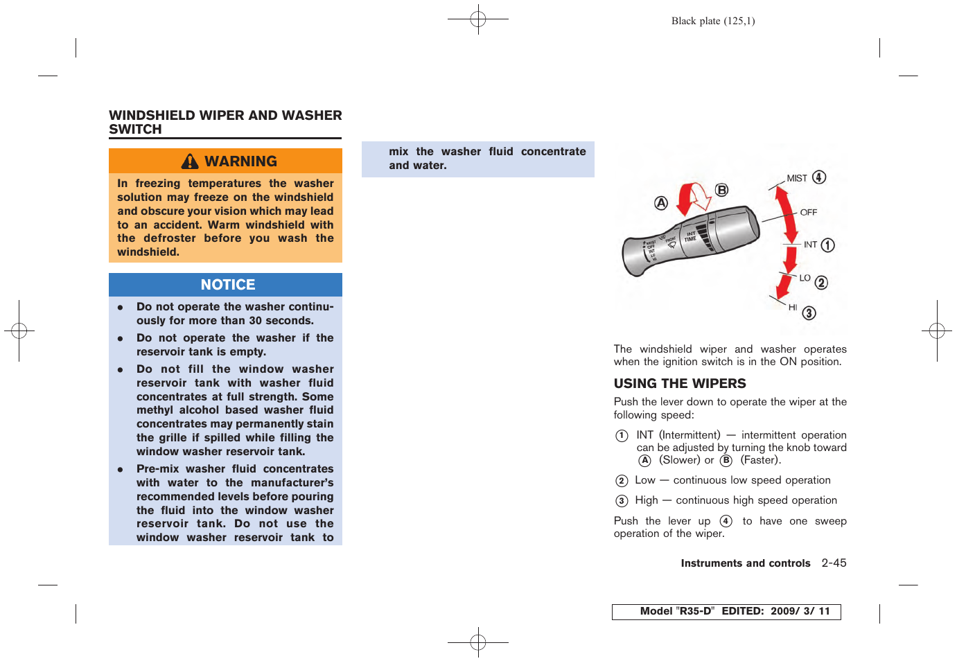 Windshield wiper and washer switch -45, Using the wipers -45 | NISSAN 2010 GT-R Sports Sedan User Manual | Page 128 / 314