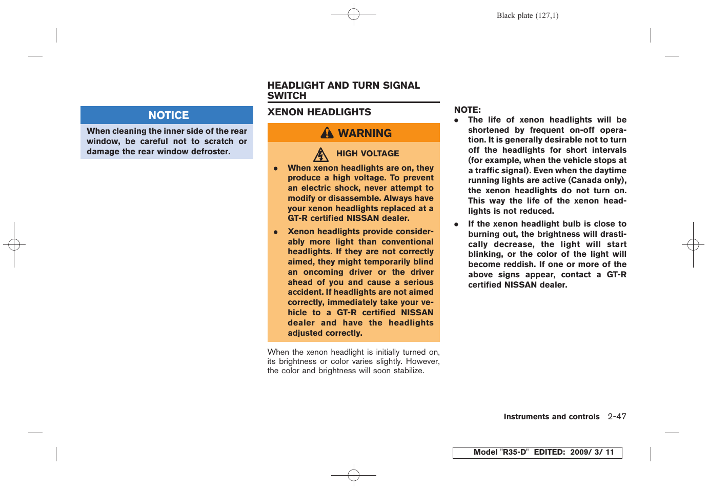 Headlight and turn signal switch -47, Xenon headlights -47 | NISSAN 2010 GT-R Sports Sedan User Manual | Page 130 / 314