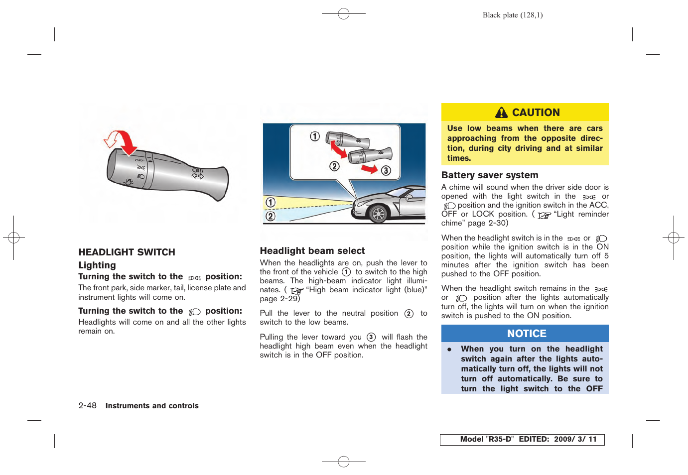 Headlight switch -48 | NISSAN 2010 GT-R Sports Sedan User Manual | Page 131 / 314