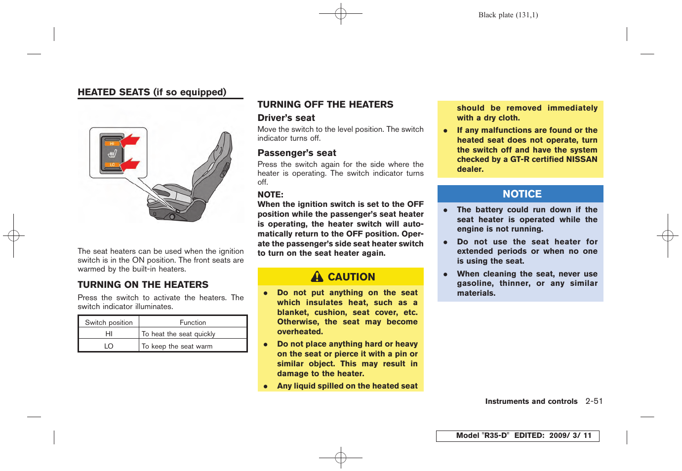 Heated seats (if so equipped) -51 | NISSAN 2010 GT-R Sports Sedan User Manual | Page 134 / 314