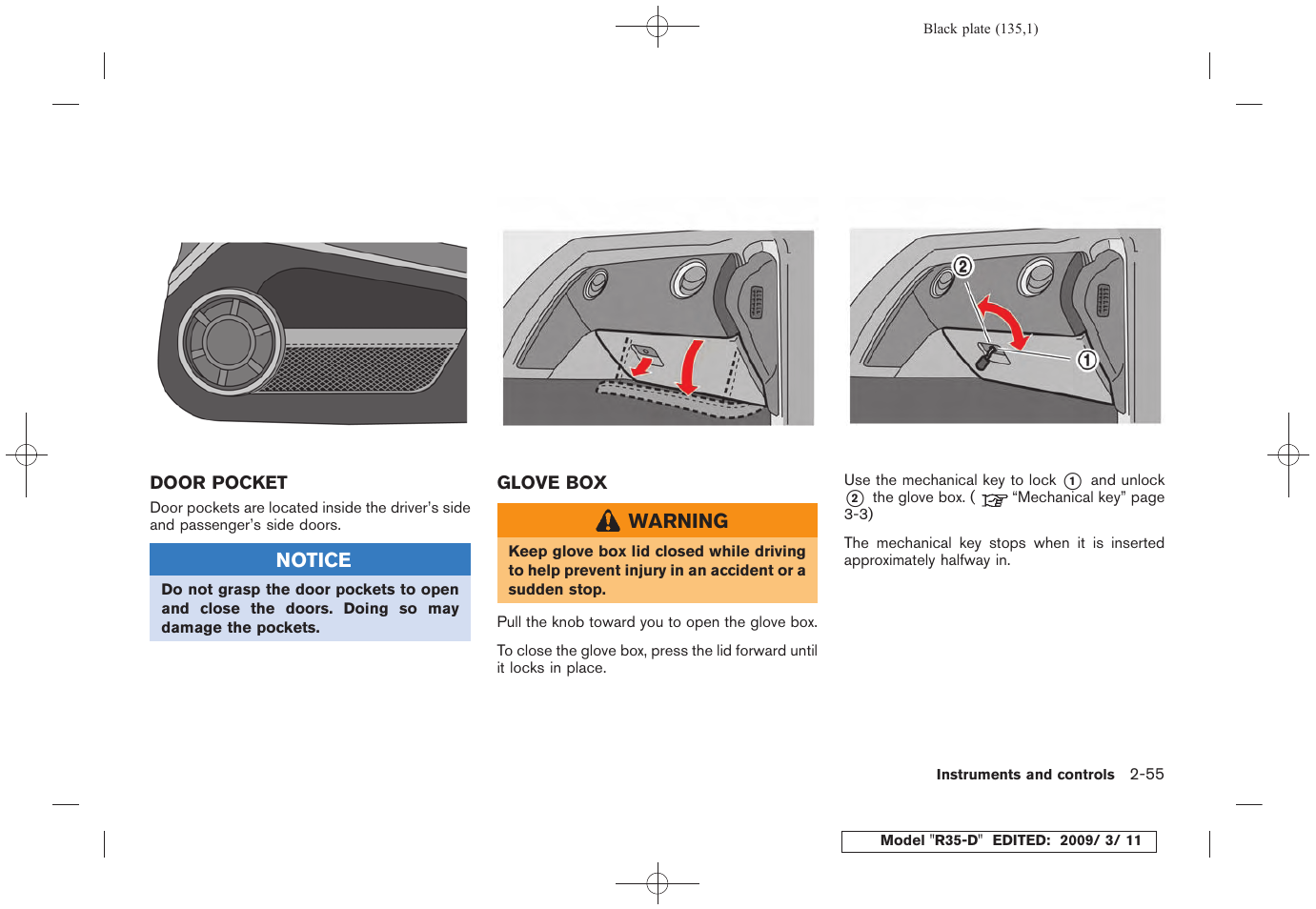 Door pocket -55 glove box -55 | NISSAN 2010 GT-R Sports Sedan User Manual | Page 138 / 314